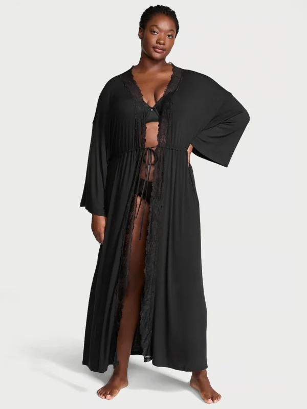 SoSoft™ Modal Ribbed Lace-Trim Long Robe