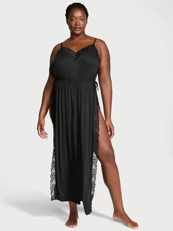 SoSoft™ Modal Ribbed Lace-Trim Long sleep dress