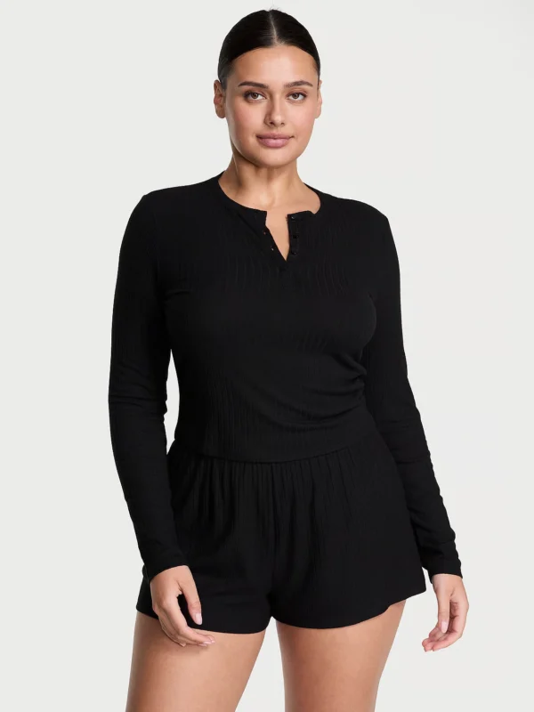 SoSoft™ Modal Wide-Rib Long-Sleeve Henley & Shorts Set